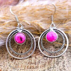 Hot Pink Stone Double Loops 925 Earring